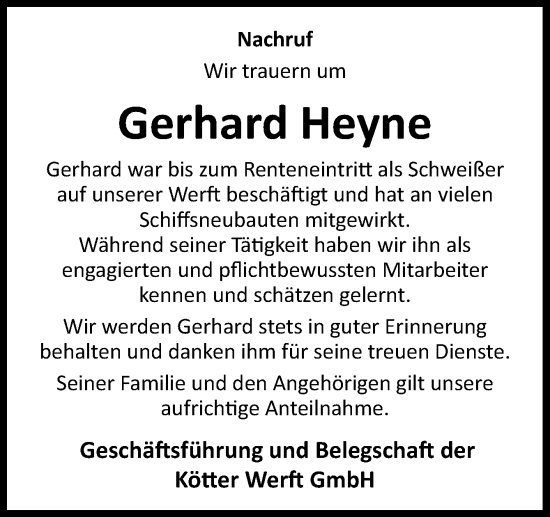 Traueranzeige von Gerhard Heyne von Neue Osnabrücker Zeitung GmbH & Co. KG