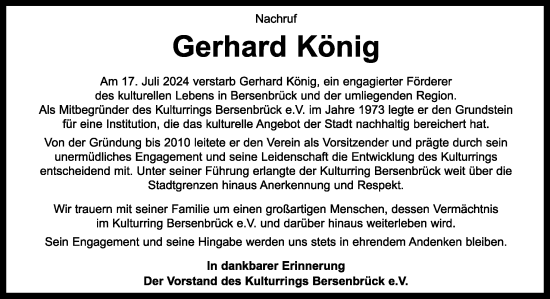 Traueranzeige von Gerhard König von Neue Osnabrücker Zeitung GmbH & Co. KG