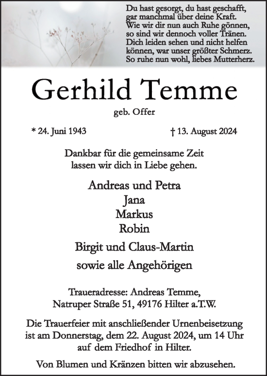 Traueranzeige von Gerhild Temme von Neue Osnabrücker Zeitung GmbH & Co. KG