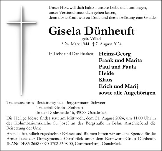 Traueranzeige von Gisela Dünheuft von Neue Osnabrücker Zeitung GmbH & Co. KG