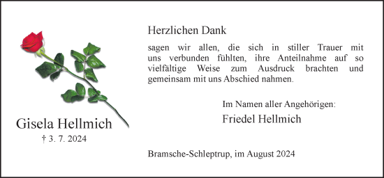 Traueranzeige von Gisela Hellmich von Neue Osnabrücker Zeitung GmbH & Co. KG