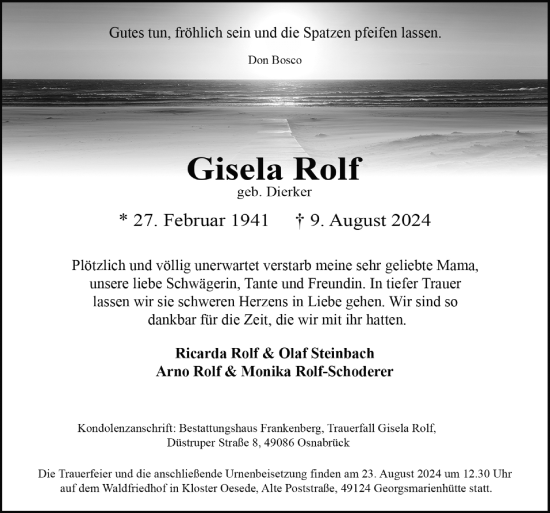 Traueranzeige von Gisela Rolf von Neue Osnabrücker Zeitung GmbH & Co. KG