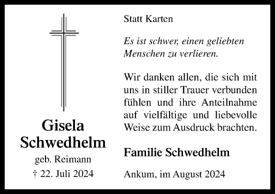 Traueranzeige von Gisela Schwedhelm von Neue Osnabrücker Zeitung GmbH & Co. KG