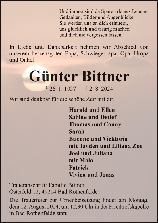 Traueranzeige von Günter Bittner von Neue Osnabrücker Zeitung GmbH & Co. KG