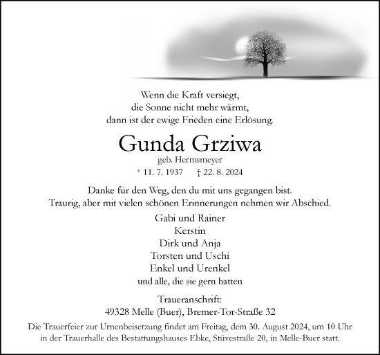 Traueranzeige von Gunda Grziwa von Neue Osnabrücker Zeitung GmbH & Co. KG