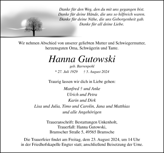 Traueranzeige von Hanna Gutowski von Neue Osnabrücker Zeitung GmbH & Co. KG