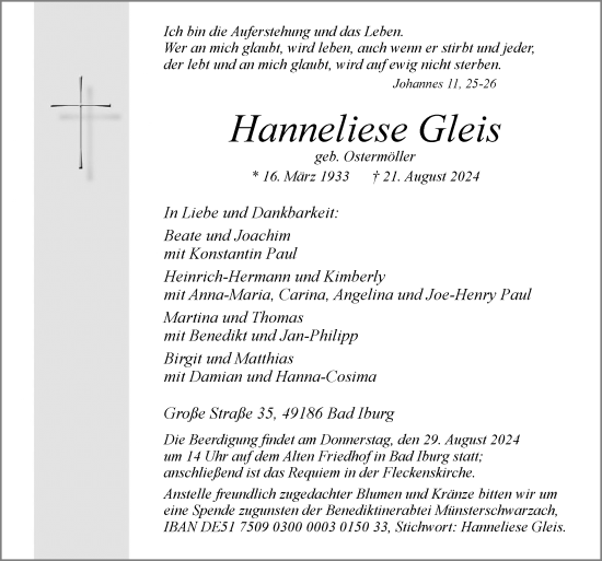 Traueranzeige von Hanneliese Gleis von Neue Osnabrücker Zeitung GmbH & Co. KG