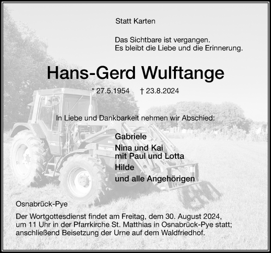 Traueranzeige von Hans-Gerd Wulftange von Neue Osnabrücker Zeitung GmbH & Co. KG