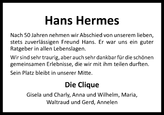 Traueranzeige von Hans Hermes von Neue Osnabrücker Zeitung GmbH & Co. KG