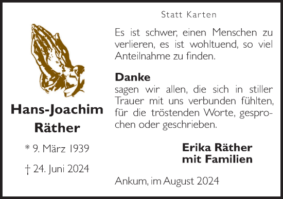 Traueranzeige von Hans-Joachim Räther von Neue Osnabrücker Zeitung GmbH & Co. KG