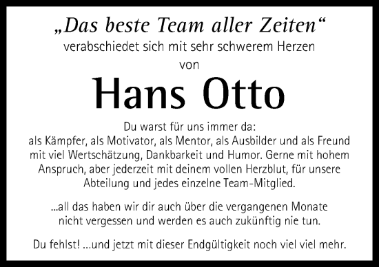 Traueranzeige von Hans Otto von Neue Osnabrücker Zeitung GmbH & Co. KG