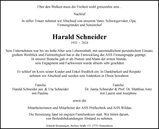 Traueranzeige von Harald Schneider von DK Medien GmbH & Co. KG