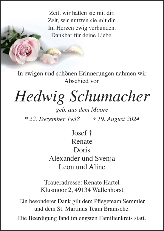 Traueranzeige von Hedwig Schumacher von Neue Osnabrücker Zeitung GmbH & Co. KG