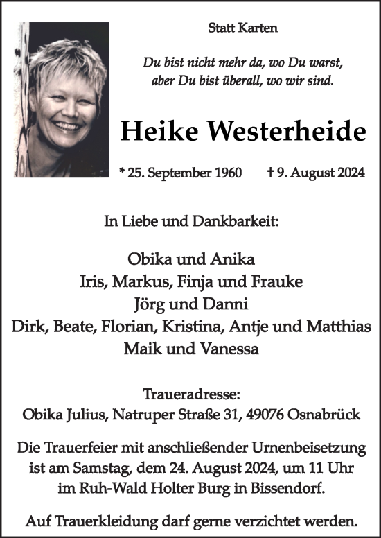 Traueranzeige von Heike Westerheide von Neue Osnabrücker Zeitung GmbH & Co. KG