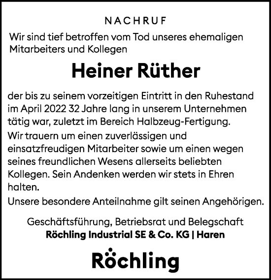 Traueranzeige von Heiner Rüther von Neue Osnabrücker Zeitung GmbH & Co. KG