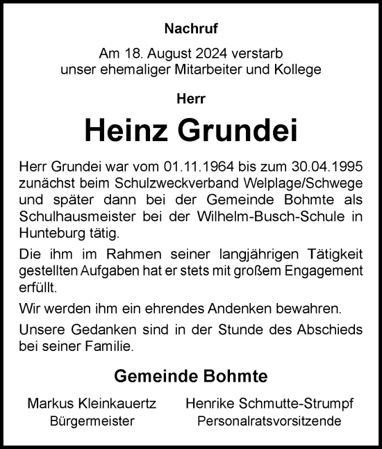 Traueranzeige von Heinz Grundei von Neue Osnabrücker Zeitung GmbH & Co. KG