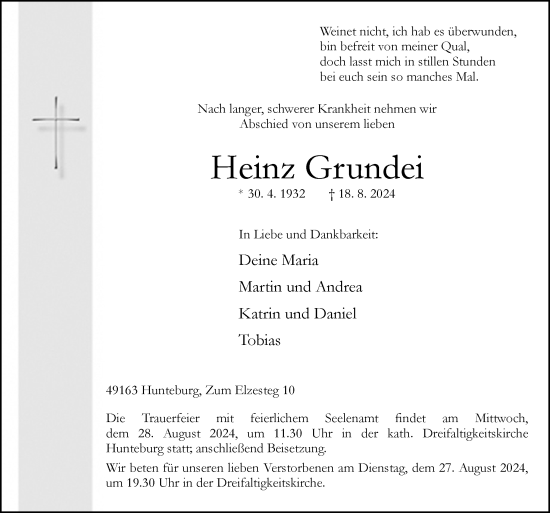 Traueranzeige von Heinz Grundei von Neue Osnabrücker Zeitung GmbH & Co. KG