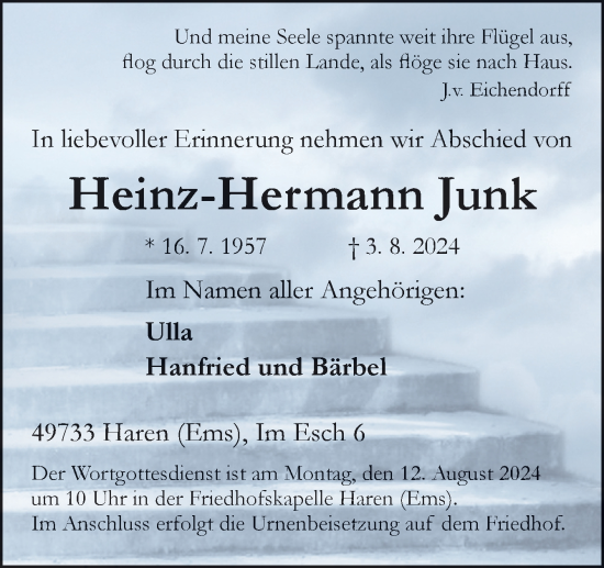 Traueranzeige von Heinz-Hermann Junk von Neue Osnabrücker Zeitung GmbH & Co. KG