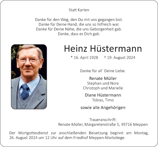 Traueranzeige von Heinz Hüstermann von Neue Osnabrücker Zeitung GmbH & Co. KG