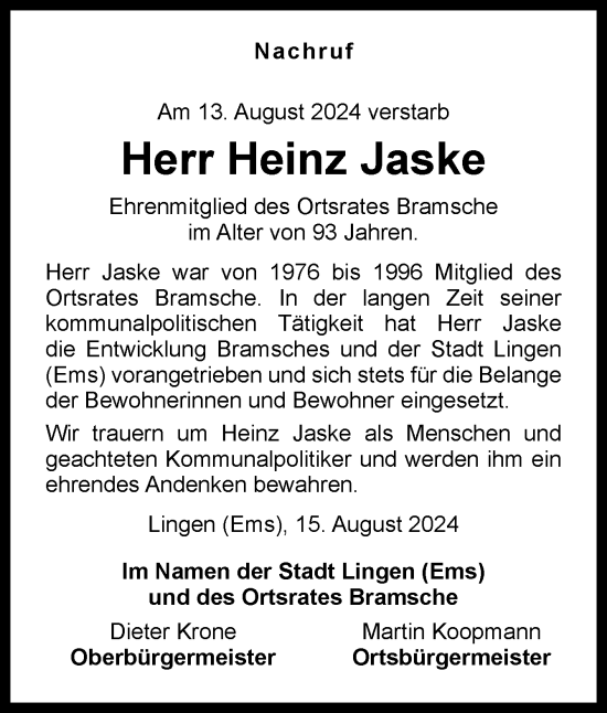 Traueranzeige von Heinz Jaske von Neue Osnabrücker Zeitung GmbH & Co. KG