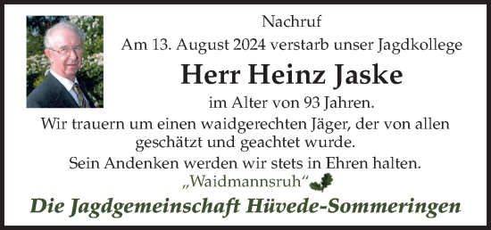 Traueranzeige von Heinz Jaske von Neue Osnabrücker Zeitung GmbH & Co. KG