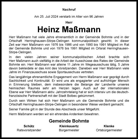 Traueranzeige von Heinz Maßmann von Neue Osnabrücker Zeitung GmbH & Co. KG