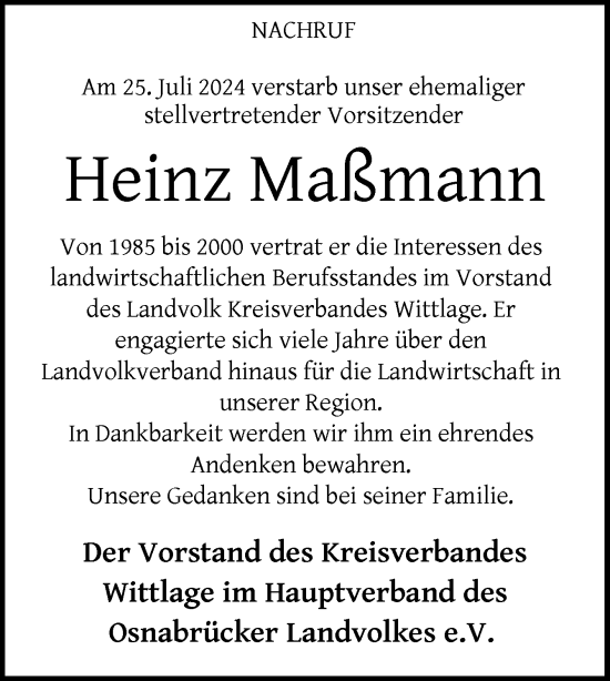 Traueranzeige von Heinz Maßmann von Neue Osnabrücker Zeitung GmbH & Co. KG