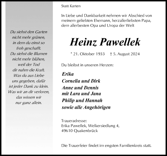 Traueranzeige von Heinz Pawellek von Neue Osnabrücker Zeitung GmbH & Co. KG