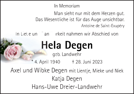 Traueranzeige von Hela Degen von Neue Osnabrücker Zeitung GmbH & Co. KG