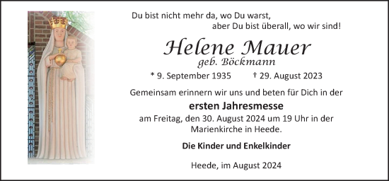 Traueranzeige von Helene Mauer von Neue Osnabrücker Zeitung GmbH & Co. KG