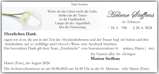 Traueranzeige von Helene Steffens von Neue Osnabrücker Zeitung GmbH & Co. KG