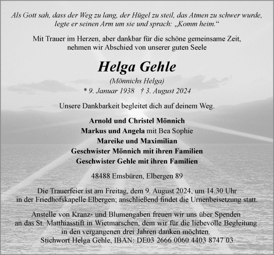 Traueranzeige von Helga Gehle von Neue Osnabrücker Zeitung GmbH & Co. KG