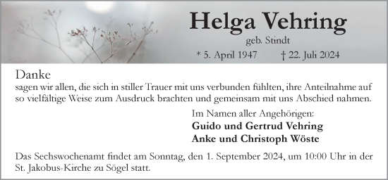 Traueranzeige von Helga Vehring von Neue Osnabrücker Zeitung GmbH & Co. KG