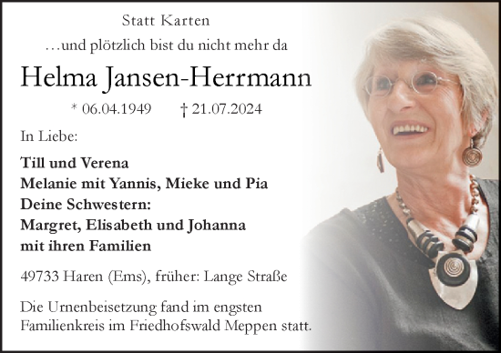 Traueranzeige von Helma Jansen-Herrmann von Neue Osnabrücker Zeitung GmbH & Co. KG