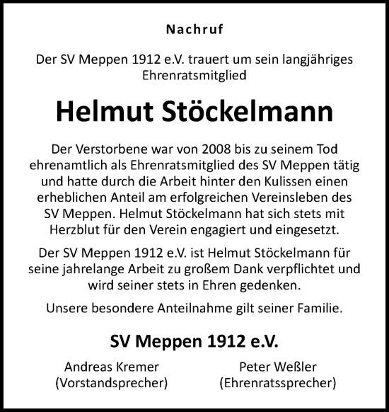 Traueranzeige von Helmut Stöckelmann von Neue Osnabrücker Zeitung GmbH & Co. KG