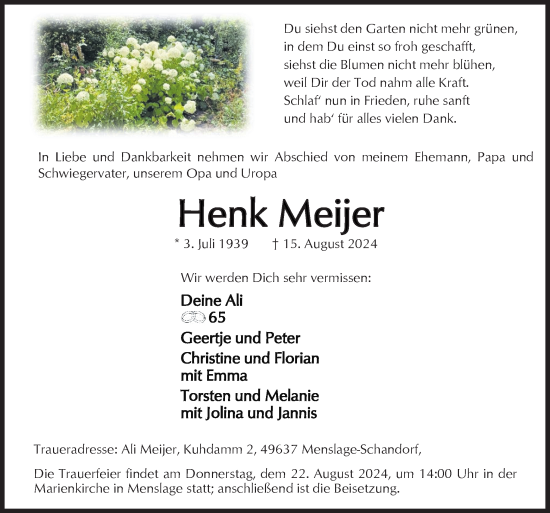 Traueranzeige von Henk Meijer von Neue Osnabrücker Zeitung GmbH & Co. KG