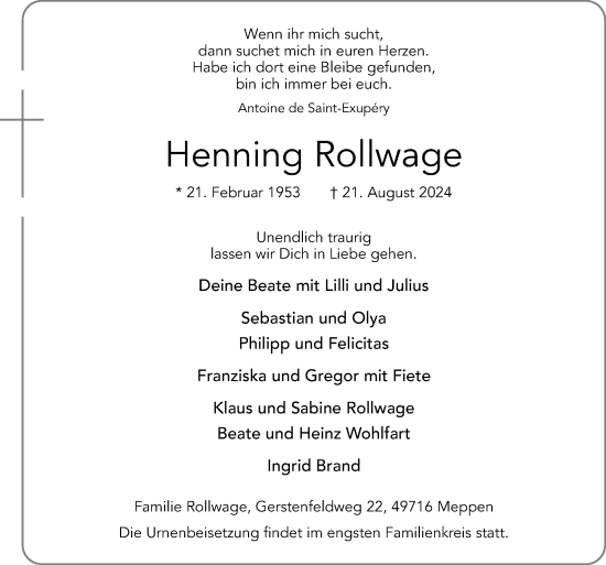 Traueranzeige von Henning Rollwage von Neue Osnabrücker Zeitung GmbH & Co. KG