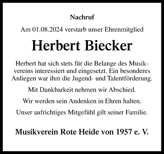 Traueranzeige von Herbert Biecker von Neue Osnabrücker Zeitung GmbH & Co. KG