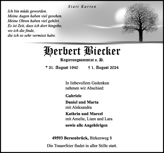 Traueranzeige von Herbert Biecker von Neue Osnabrücker Zeitung GmbH & Co. KG