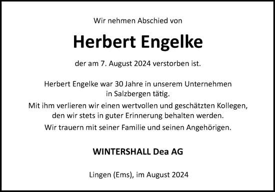 Traueranzeige von Herbert Engelke von Neue Osnabrücker Zeitung GmbH & Co. KG