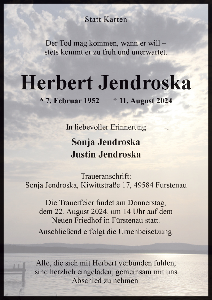  Traueranzeige für Herbert Jendroska vom 17.08.2024 aus Neue Osnabrücker Zeitung GmbH & Co. KG