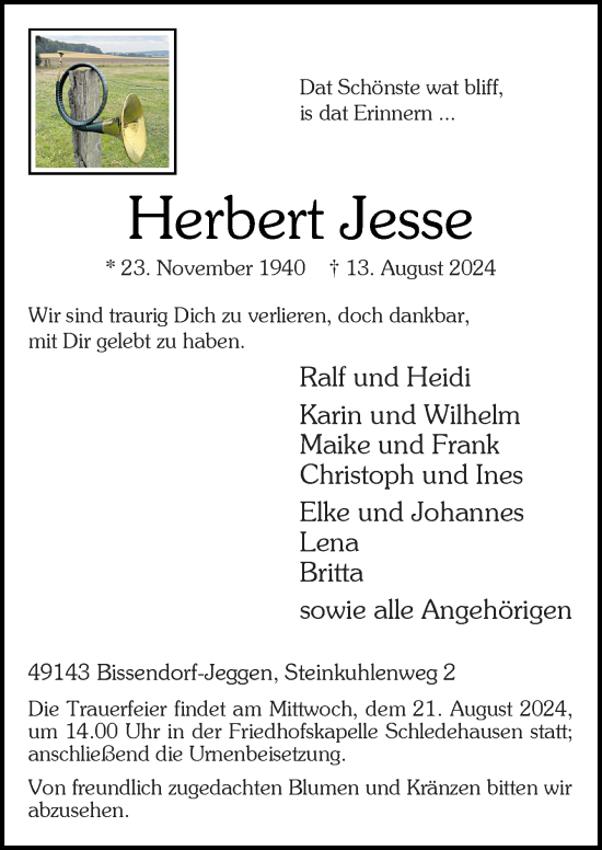 Traueranzeige von Herbert Jesse von Neue Osnabrücker Zeitung GmbH & Co. KG