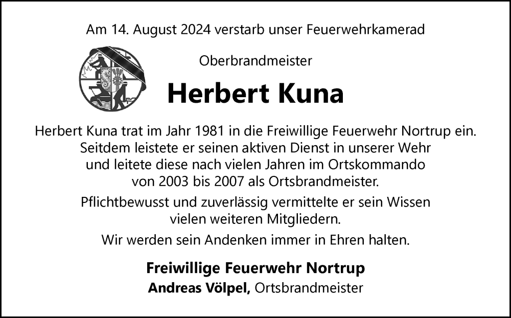  Traueranzeige für Herbert Kuna vom 19.08.2024 aus Neue Osnabrücker Zeitung GmbH & Co. KG