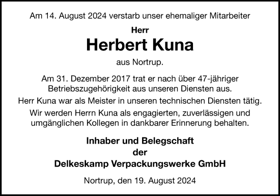 Traueranzeige von Herbert Kuna von Neue Osnabrücker Zeitung GmbH & Co. KG