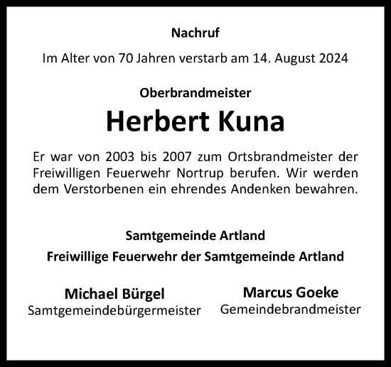 Traueranzeige von Herbert Kuna von Neue Osnabrücker Zeitung GmbH & Co. KG