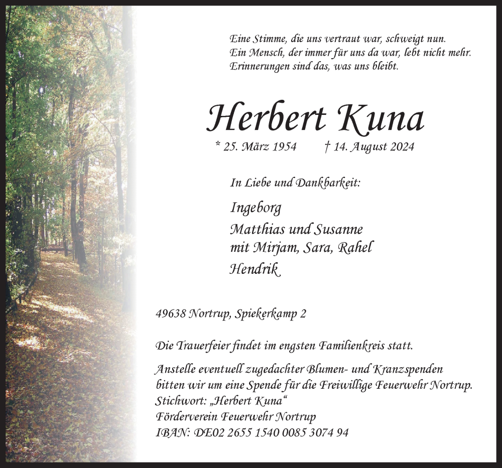  Traueranzeige für Herbert Kuna vom 19.08.2024 aus Neue Osnabrücker Zeitung GmbH & Co. KG