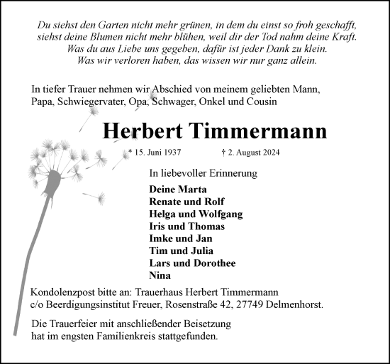 Traueranzeige von Herbert Timmermann von DK Medien GmbH & Co. KG