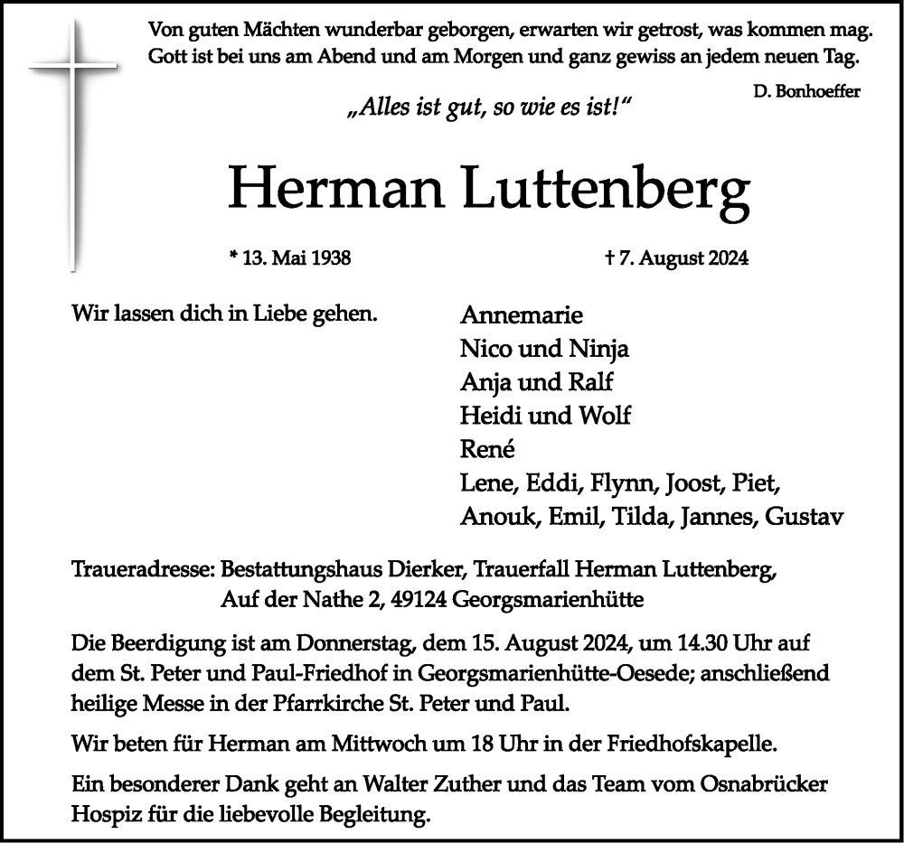  Traueranzeige für Herman Luttenberg vom 10.08.2024 aus Neue Osnabrücker Zeitung GmbH & Co. KG