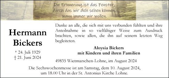 Traueranzeige von Hermann Bickers von Neue Osnabrücker Zeitung GmbH & Co. KG