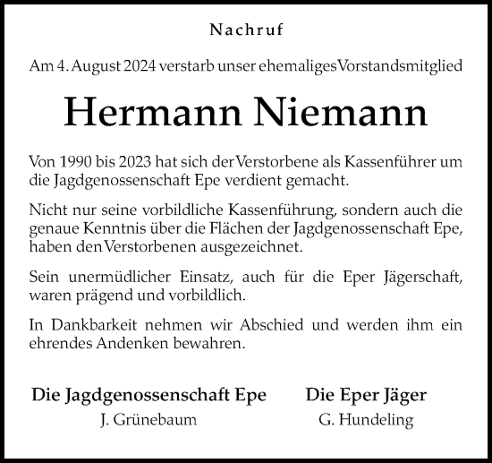 Traueranzeige von Hermann Niemann von Neue Osnabrücker Zeitung GmbH & Co. KG